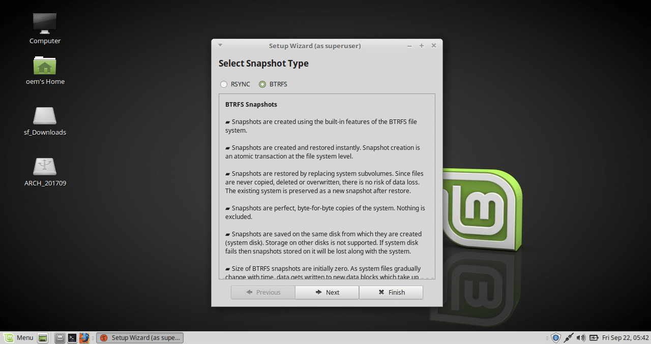 timeshift setup wizard select snapshot type