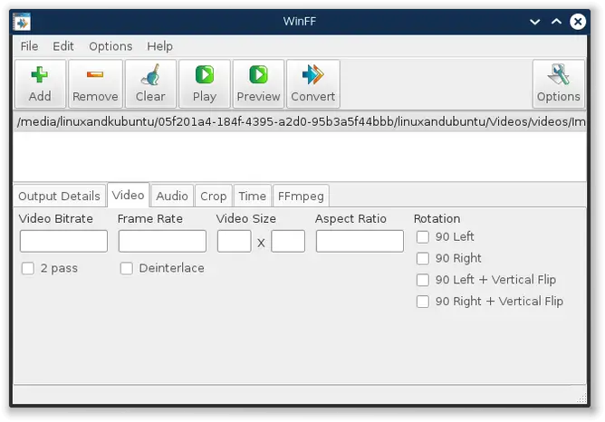 WinFF ffmpeg convert set format audio/video bitrate