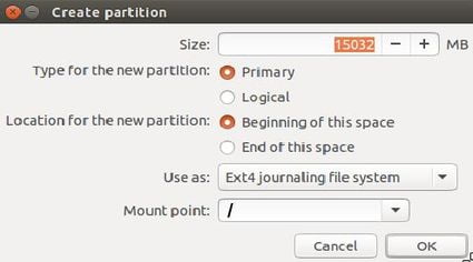 create root partition to install Ubuntu