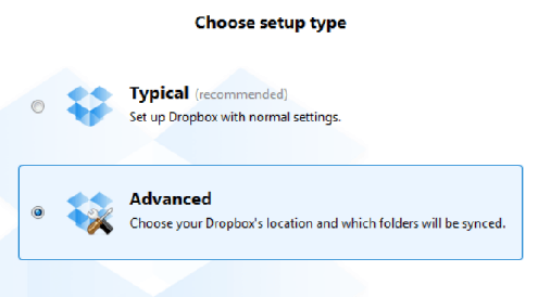 dropbox choose setup type