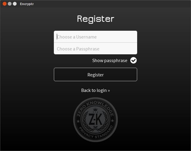 encryptr password manager registration screen for linux