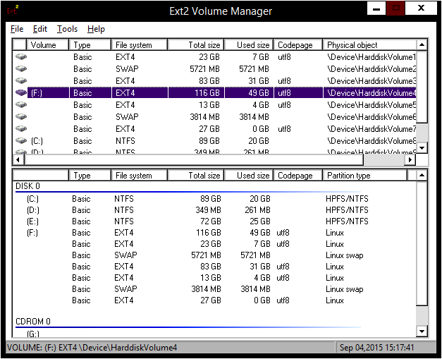 ext2fsd main interface to mount linux partitions
