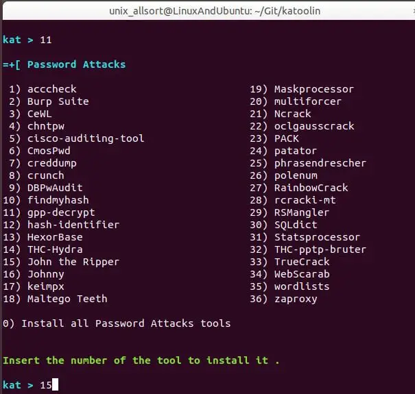 katoolin password attacks menu