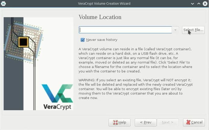 select file for creating veracrypt encrypted container
