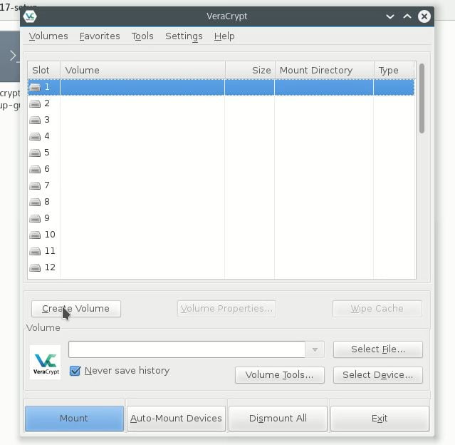 select veracrypt volume slot and create volume