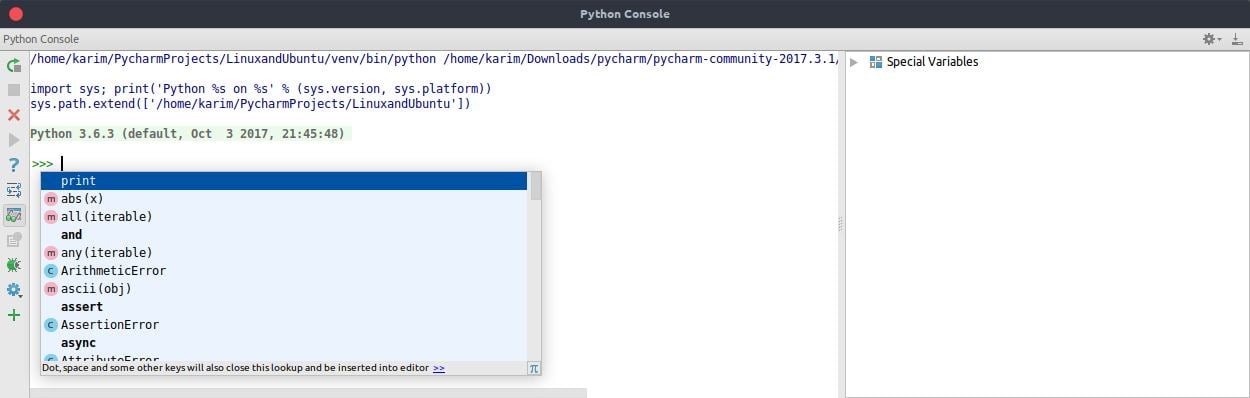 Code completion in the interactive console