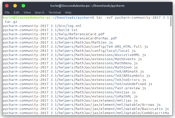Extracting the .tar.gz file in the terminal