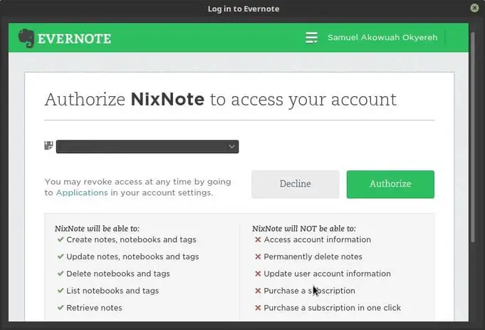 nixnote authorize evernote access