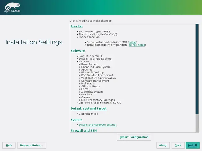 openSUSE desktop installation settings