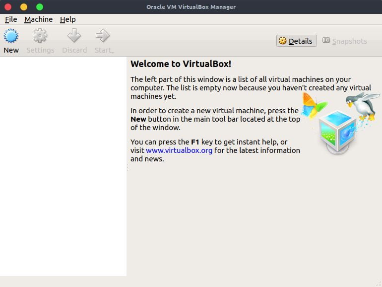 oracle virtualbox manager screen