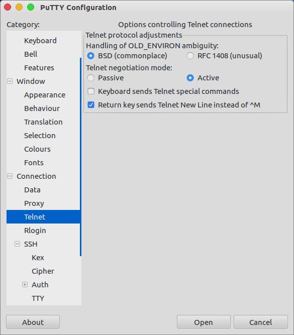 putty telnet configuration settings