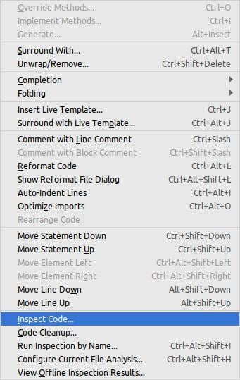 pycharm code menu