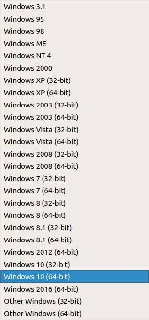 select windows version virtualbox