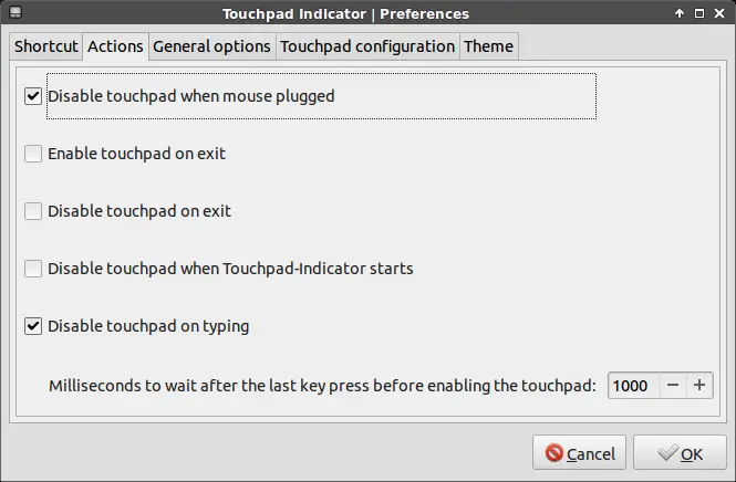 touchpad indicator actions settings