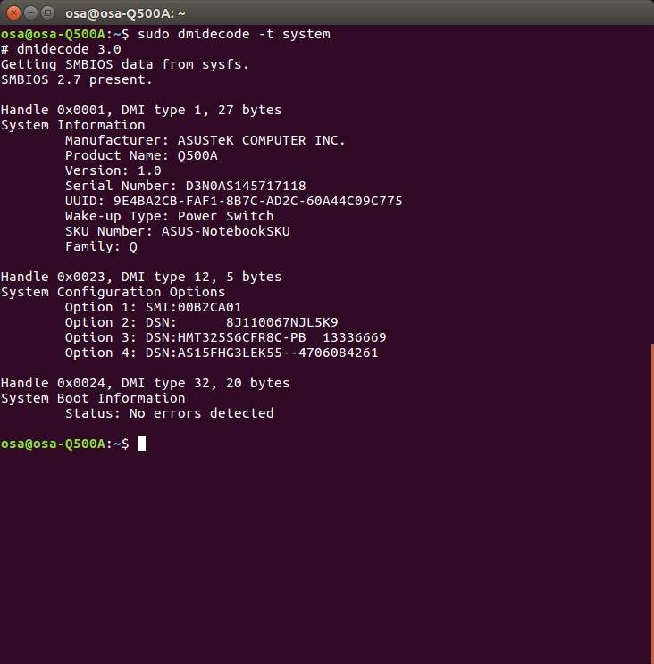 View Manufacturer, Model and Serial number of the equipment using dmidecode