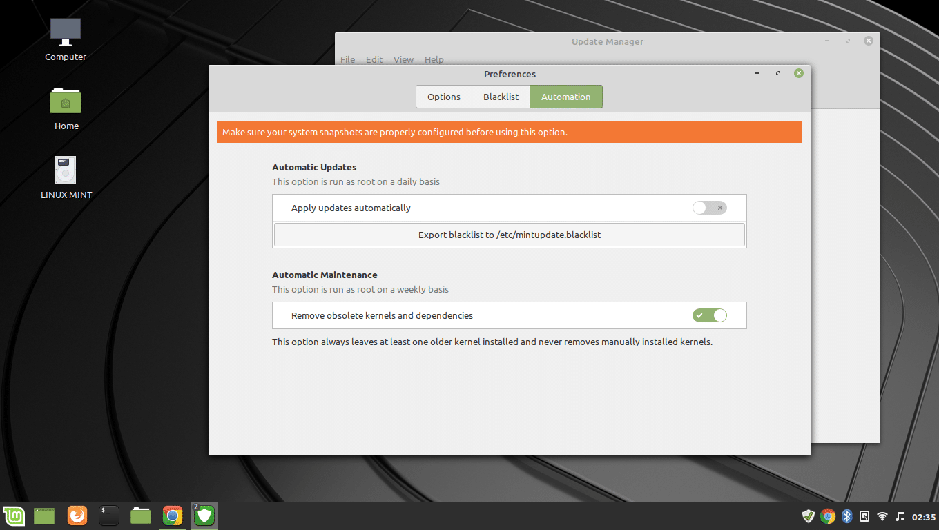 linux mint update manager automation