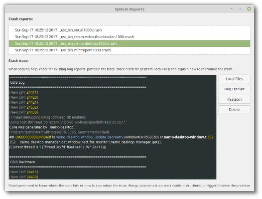 crash report tool in linux mint