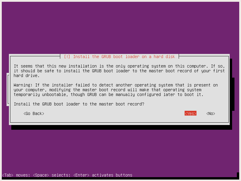 ubuntu server confirm installing bootloader
