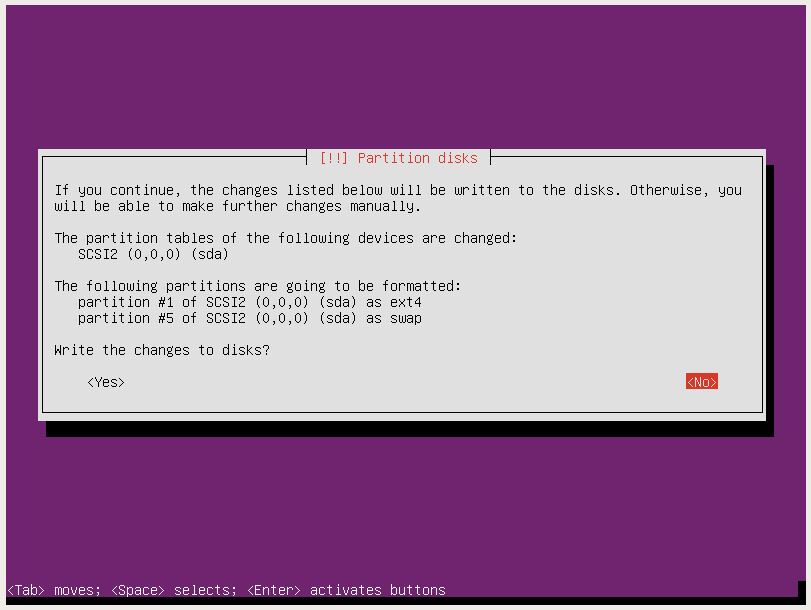 ubuntu server installation confirm write changes