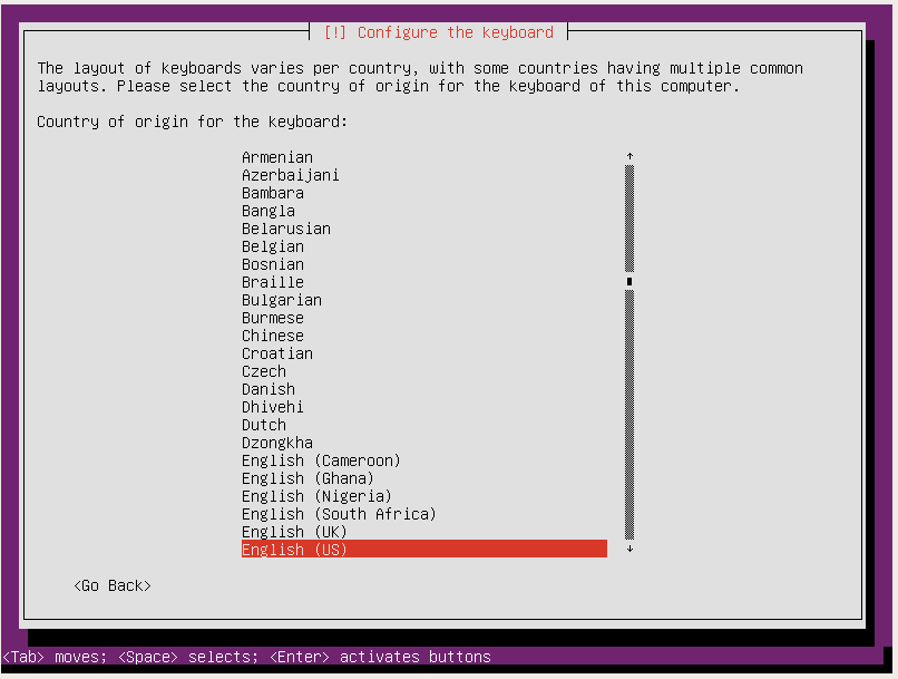 ubuntu server setup country for keyboard layout