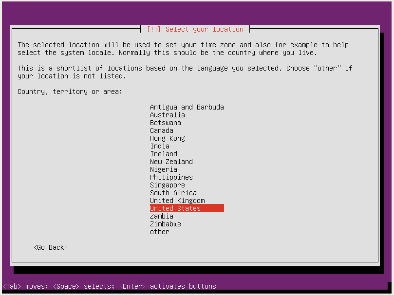 ubuntu server setup select country