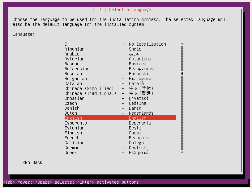 ubuntu server setup select language