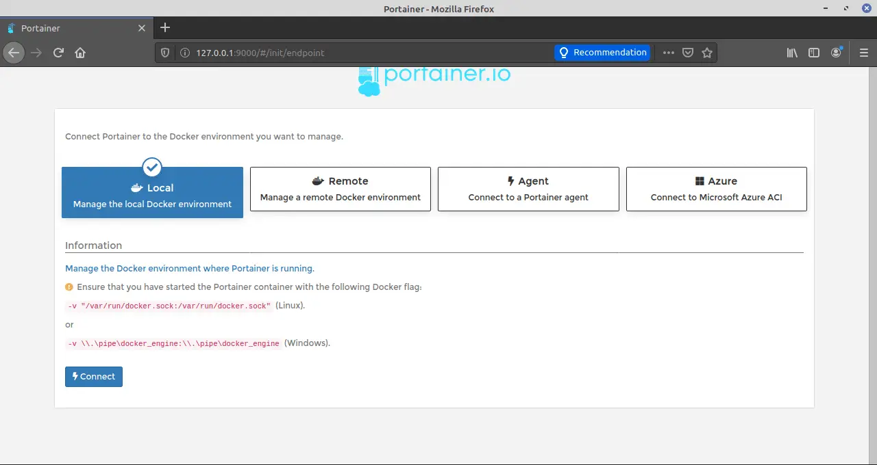 Portainer.io connect to docker
