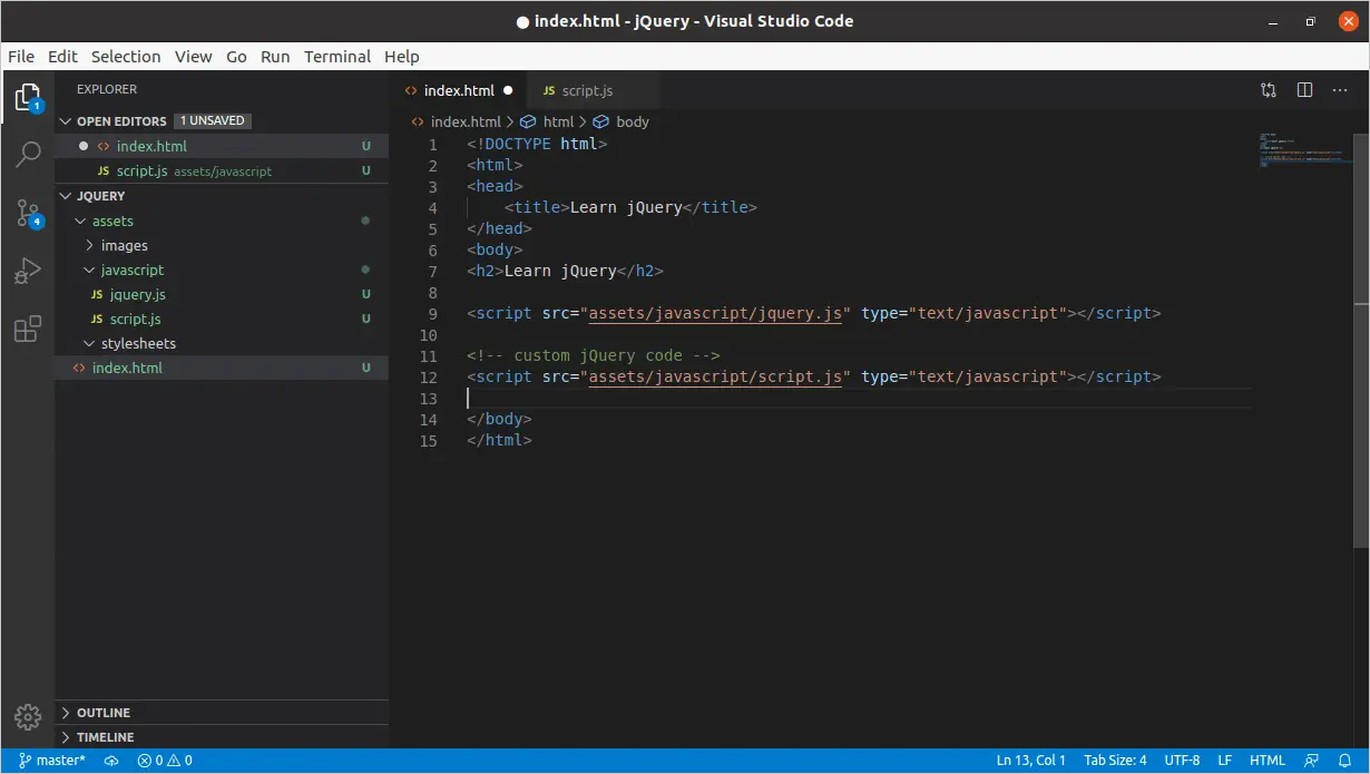 include jquery code in html