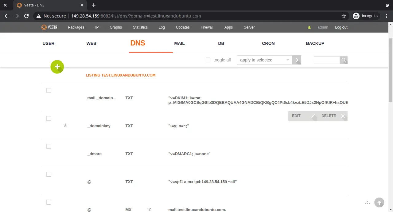 DNS records for domain