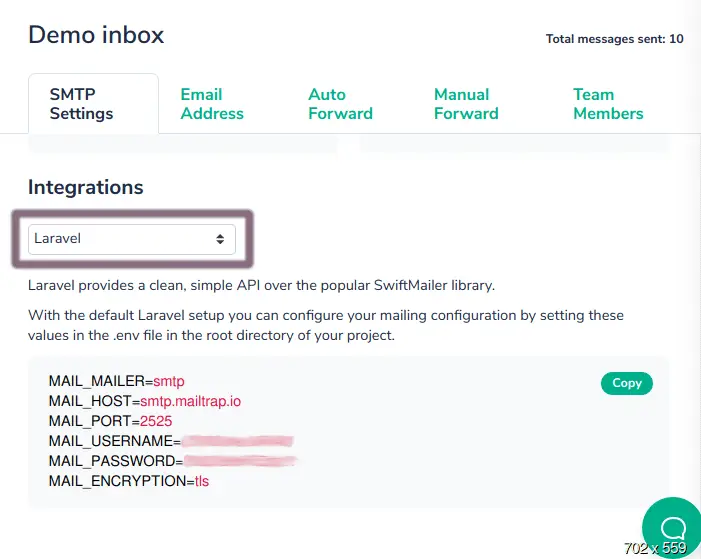 Mailtrap configuraiton credentials