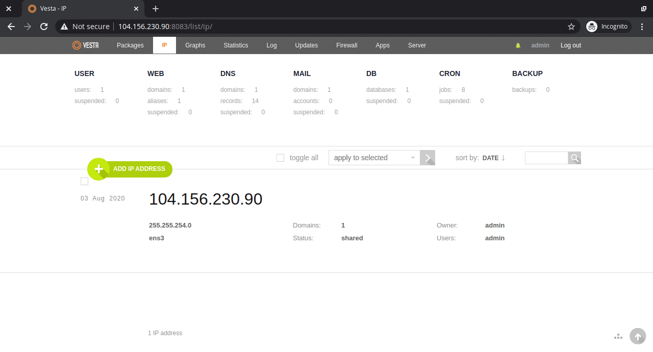 Vesta server IP address