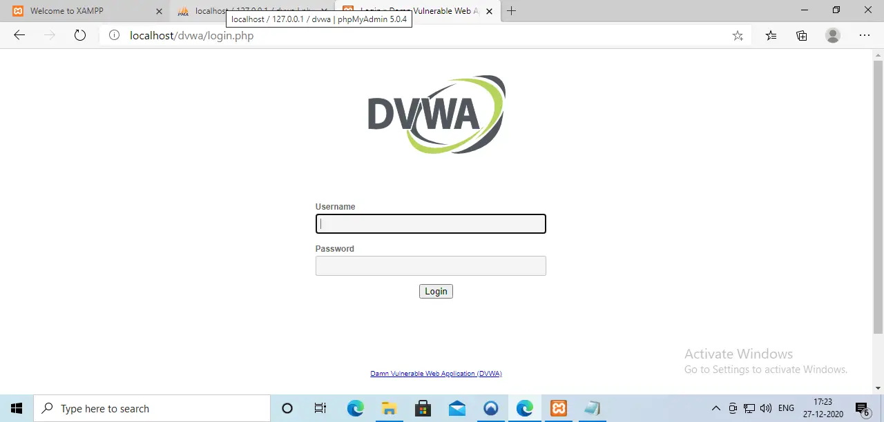 DVWA login panel