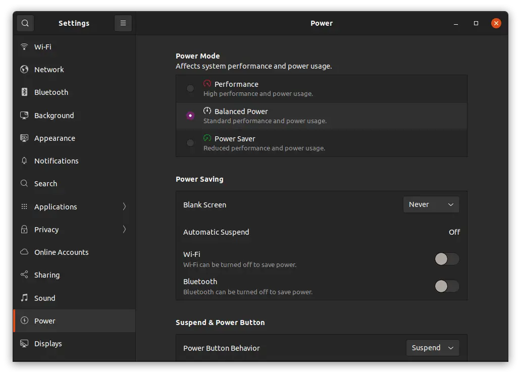 Ubuntu . Power profile settings