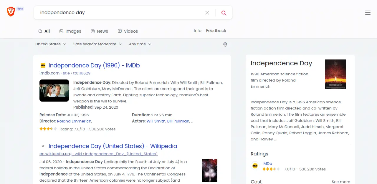 Brave search independence day without localized search results