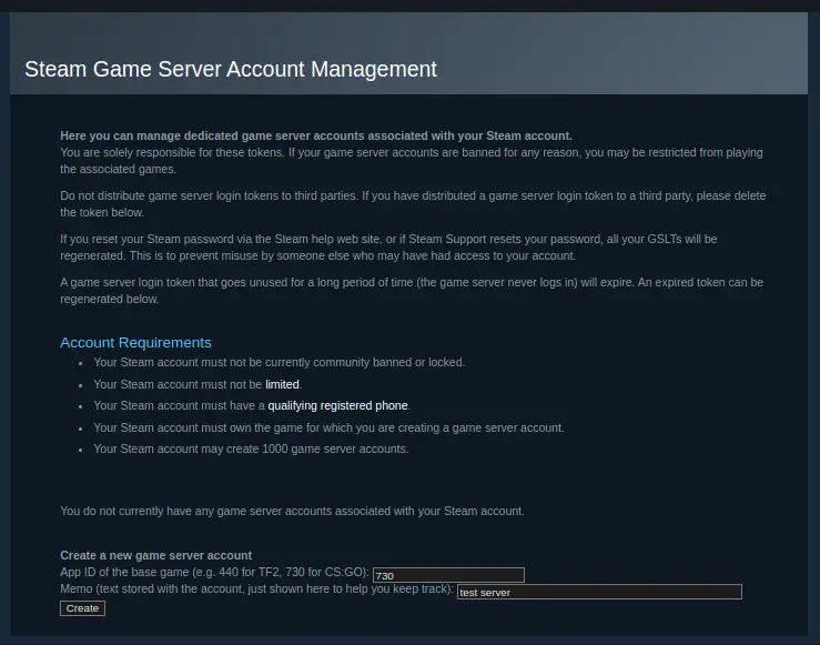 Create a game server account