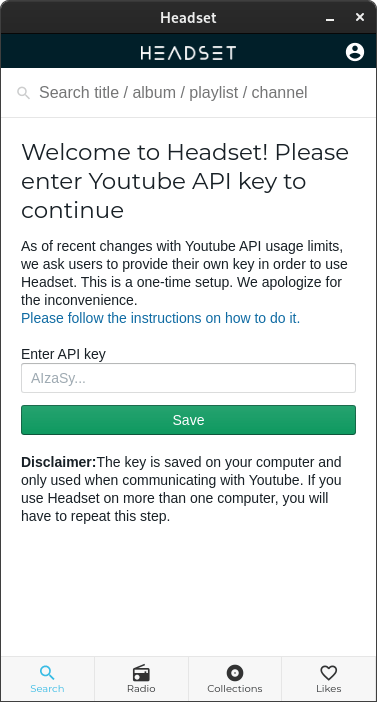 Headset setup YouTube API key