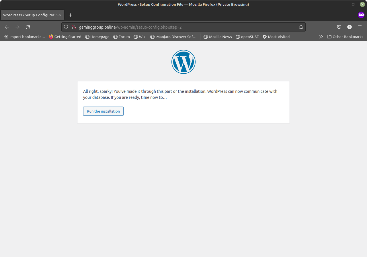 WordPress installation complete