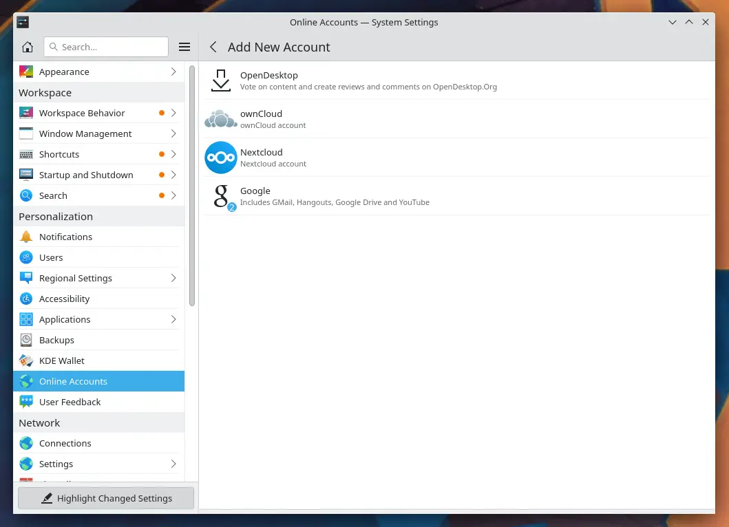 Add new accounts KDE Plasma